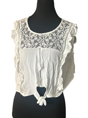 Xhilaration White Lace Crop Top Large Boho Ruffle Tie Front Crochet Blouse